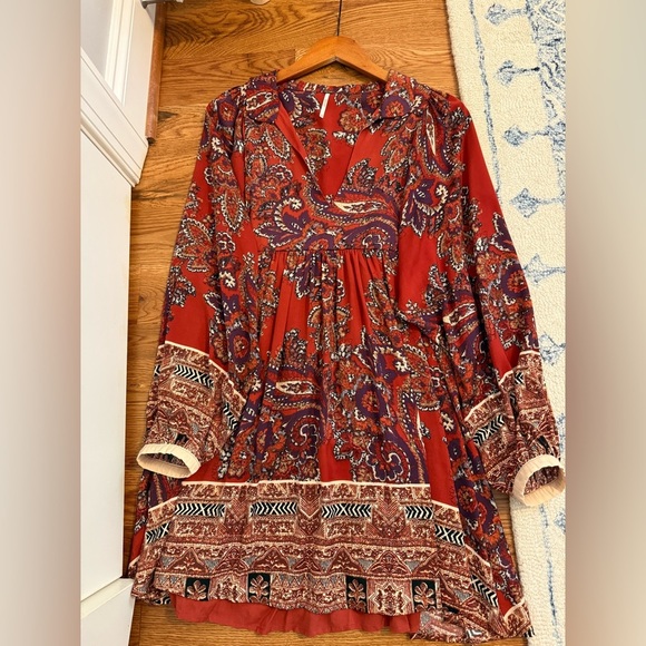 Free People Say You Love Me Mini Dress M Orange Paisley Boho Long Sleeve - Picture 7 of 13